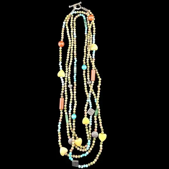 Multi-Strand Beaded Necklace With Heart Accents Easter Spring Boho - Picture 4 of 9